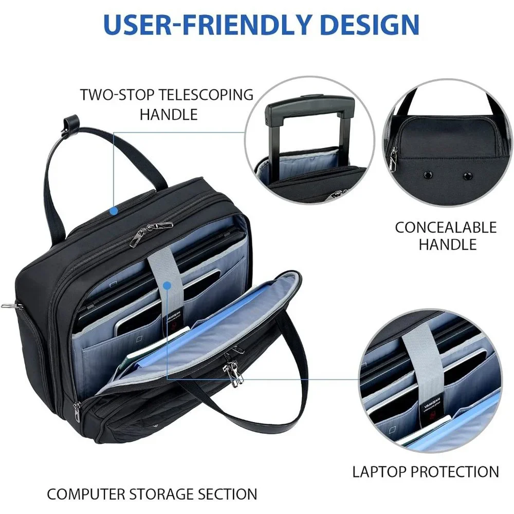 Women's Black Water Repellent Rolling Laptop Bag 15.6 inch